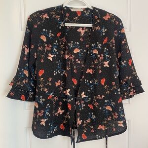 Black Floral Women's Crepe Wrap Blouse Butterflies